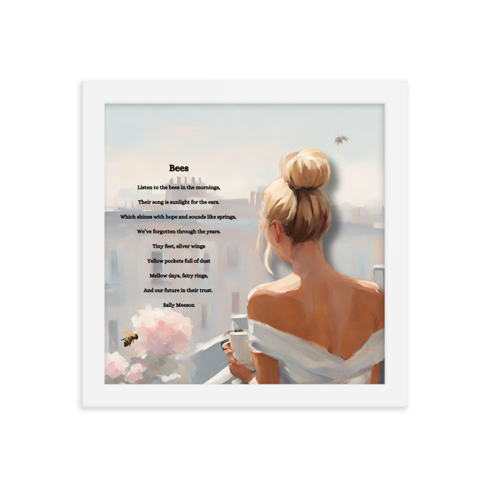 'Bees' framed photo paper poster with impressionist style artwork and original poem by writer Sally Meeson