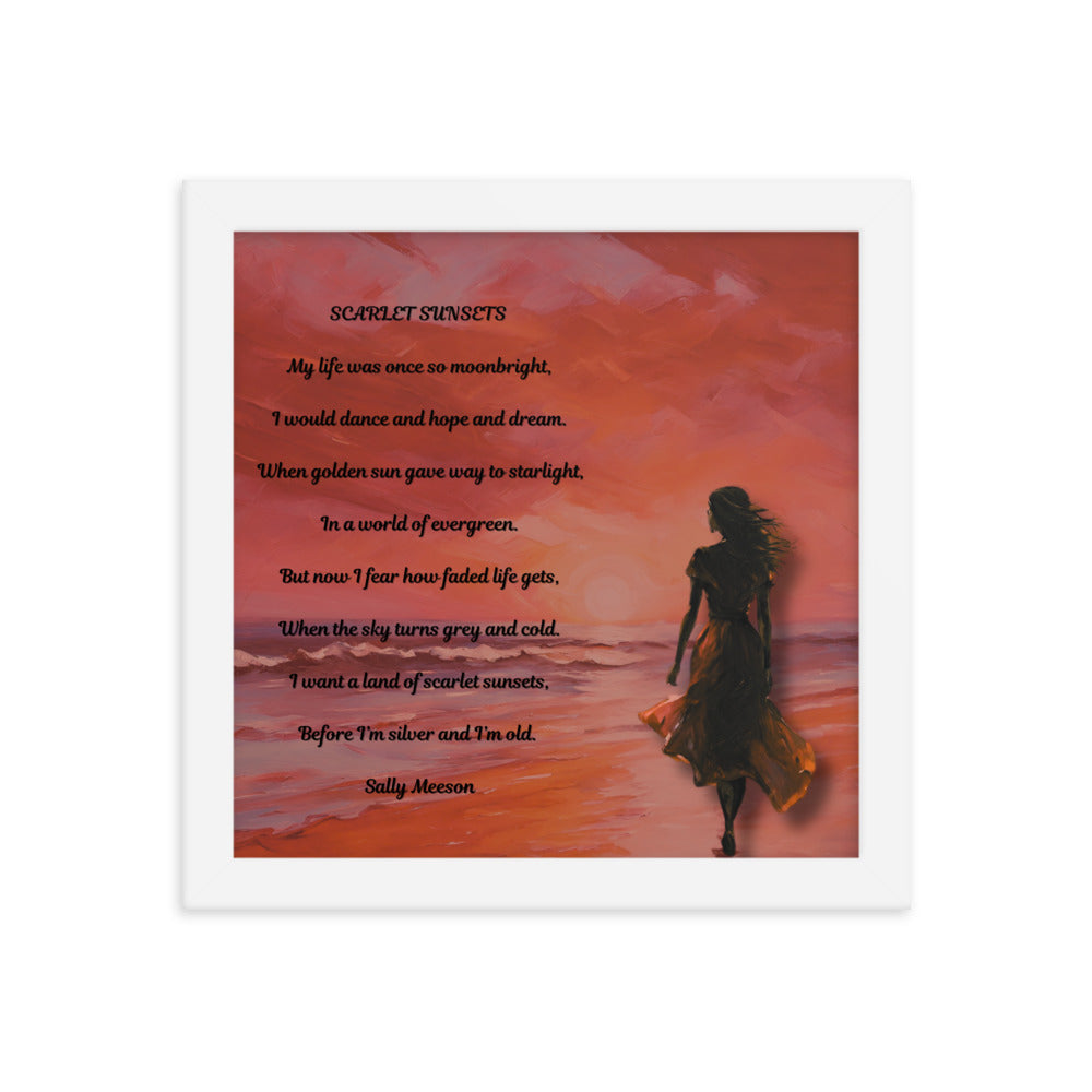 'Scarlet Sunsets' framed photo paper poster with impressionist oil style artwork and original poem by writer Sally Meeson