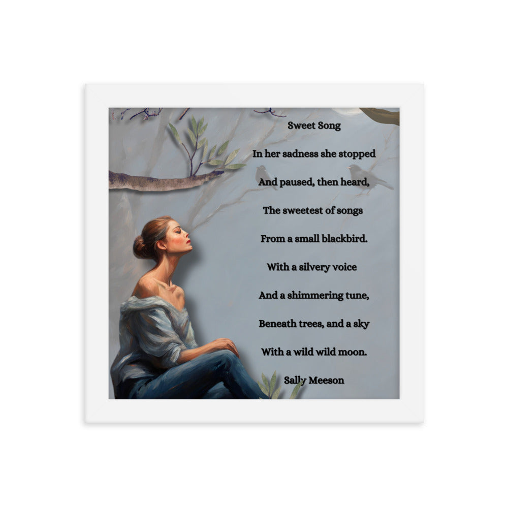 'Sweet Song' framed photo paper poster with impressionist style artwork and original poem by writer Sally Meeson