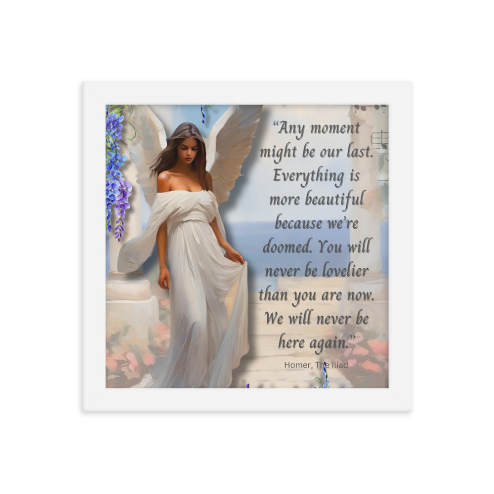 'Moments' framed photo paper poster with impressionist oil style artwork and quote from Homer's The Iliad