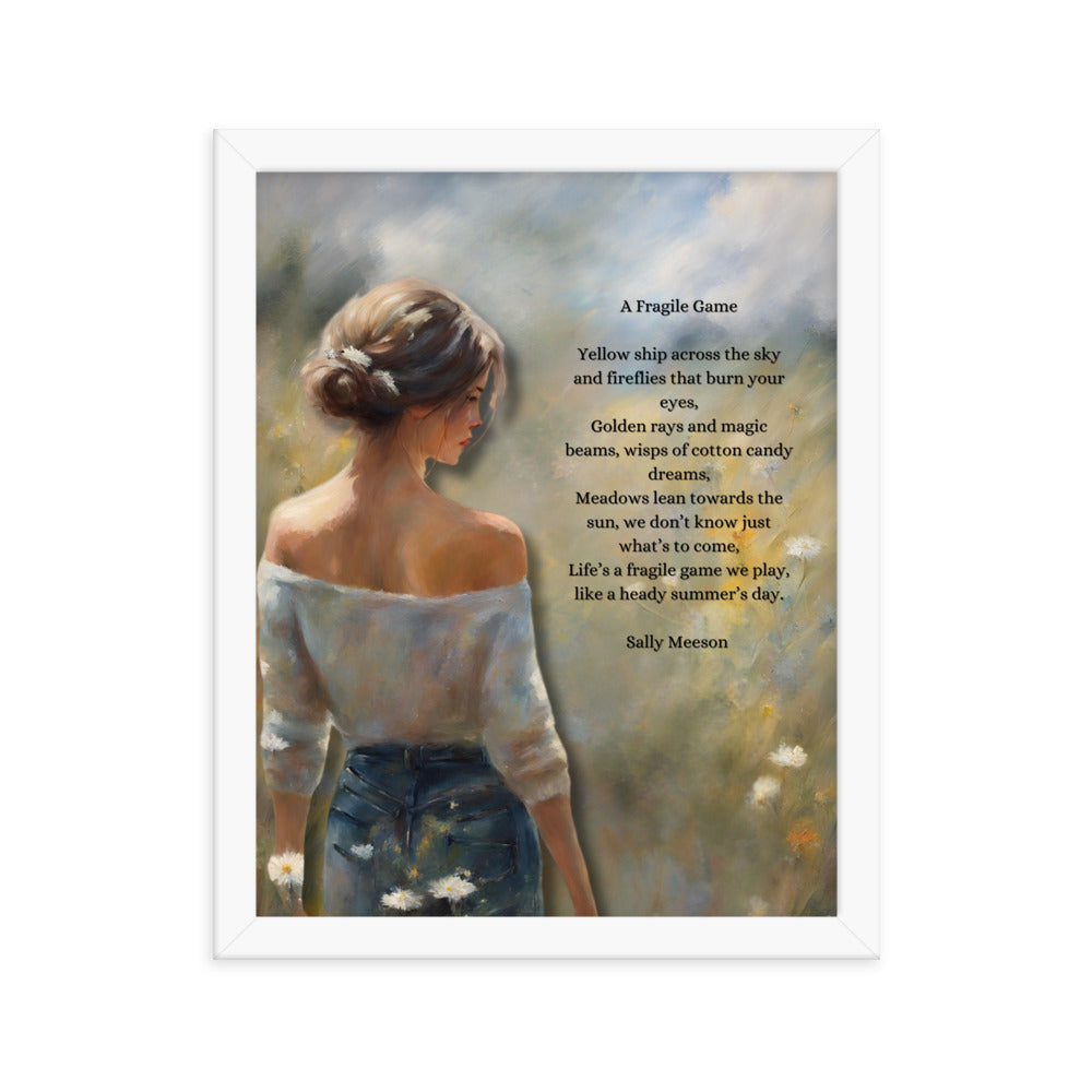 'A Fragile Game' framed photo paper poster with impressionist oil style artwork and original poem by writer Sally Meeson