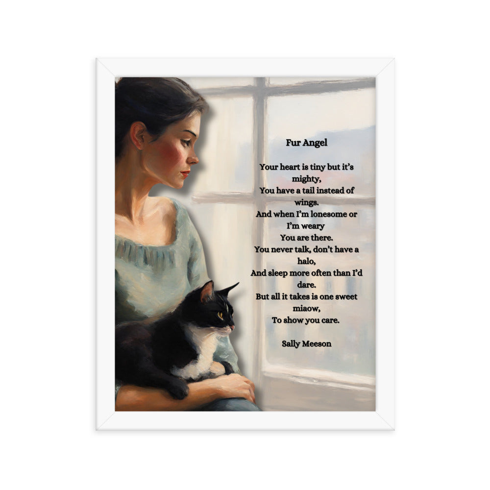 'Fur Angel' framed photo paper poster with impressionist oil style artwork and original poem by writer Sally Meeson