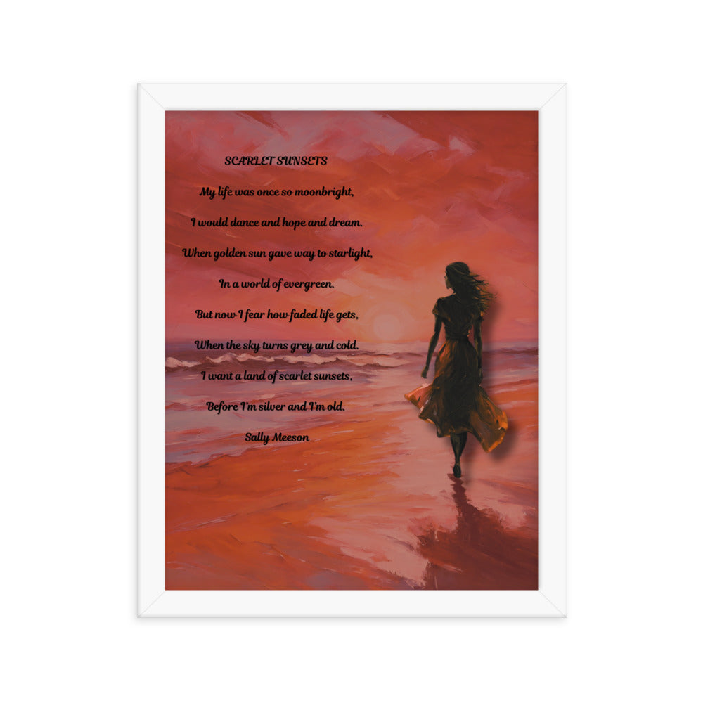 'Scarlet Sunsets' framed photo paper poster with impressionist oil style artwork and original poem by writer Sally Meeson