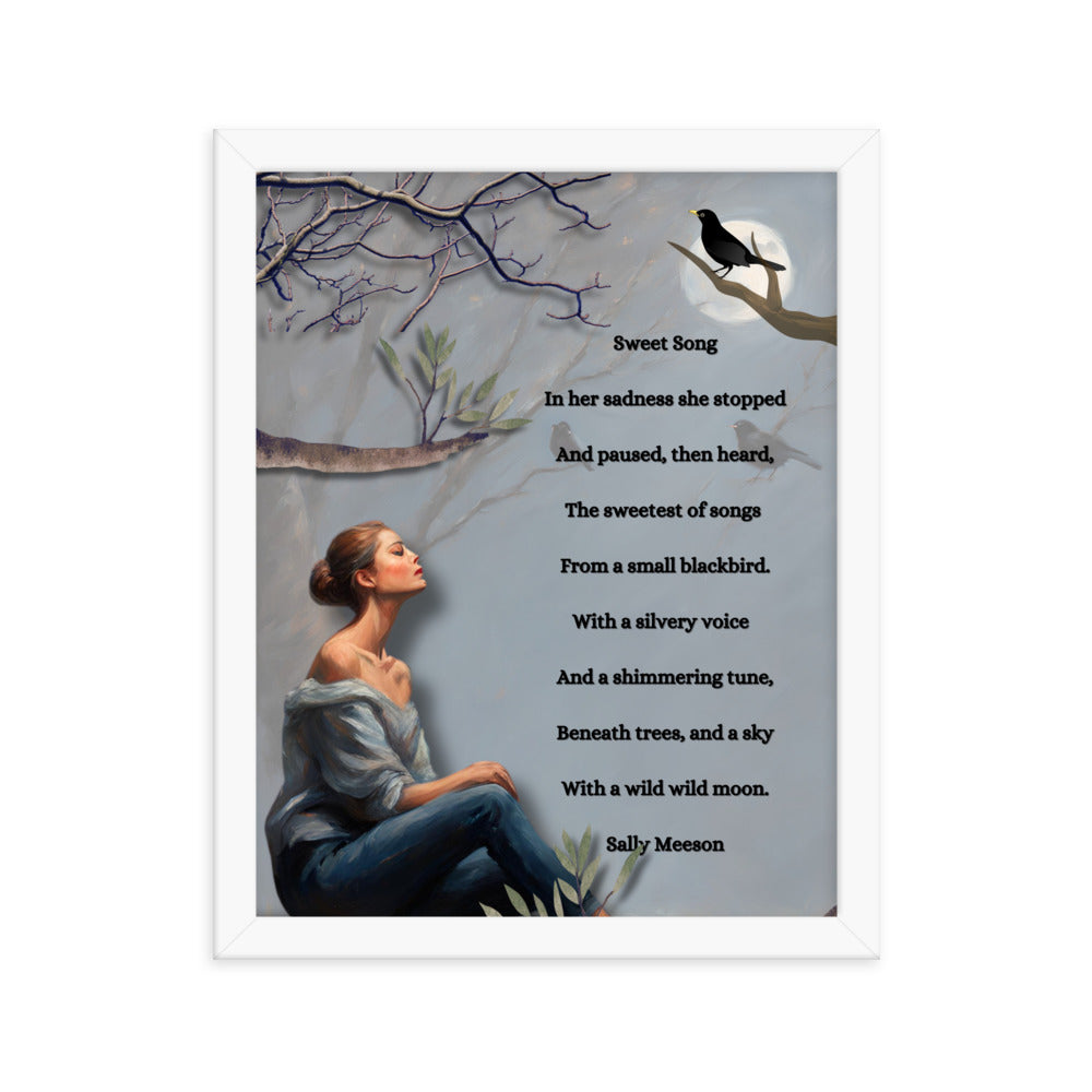'Sweet Song' framed photo paper poster with impressionist style artwork and original poem by writer Sally Meeson