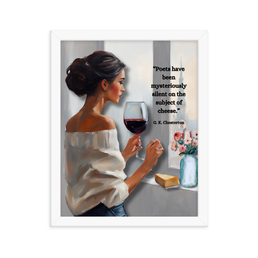 'Cheese' framed photo paper poster with impressionist oil style artwork and quote by G.K. Chesterton