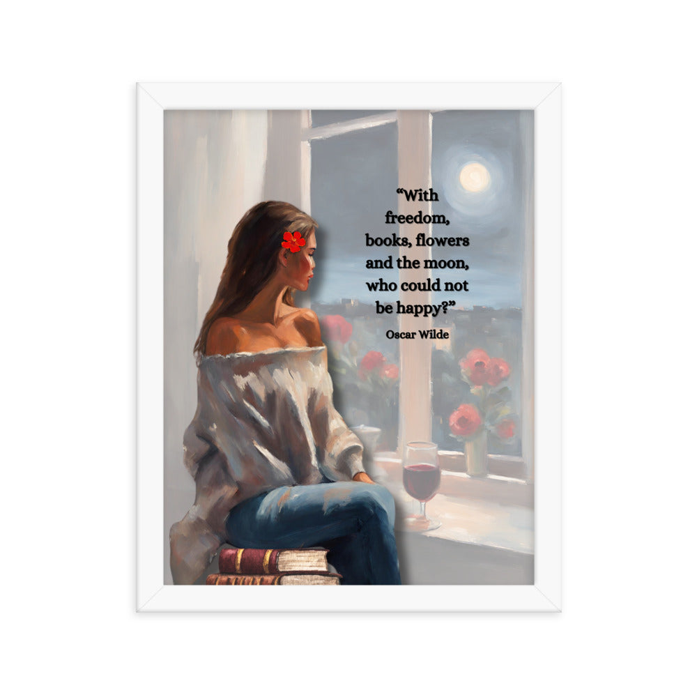 'Freedom, books, flowers and the moon' framed photo paper poster with impressionist oil style artwork and Oscar Wilde quote