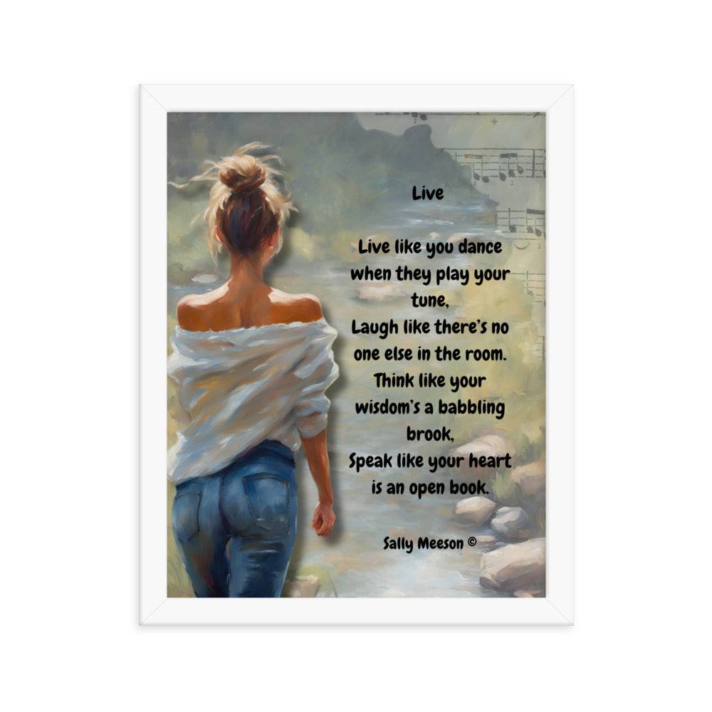 'Live' framed photo paper poster with impressionist oil style artwork and original poem by writer Sally Meeson