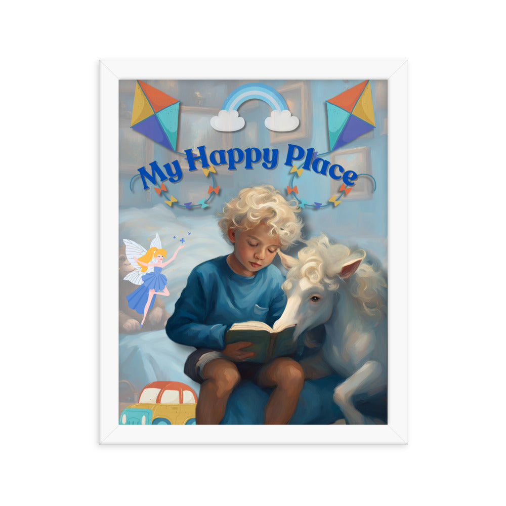 'My Happy Place' child's room blue framed photo paper poster with impressionist oil style artwork