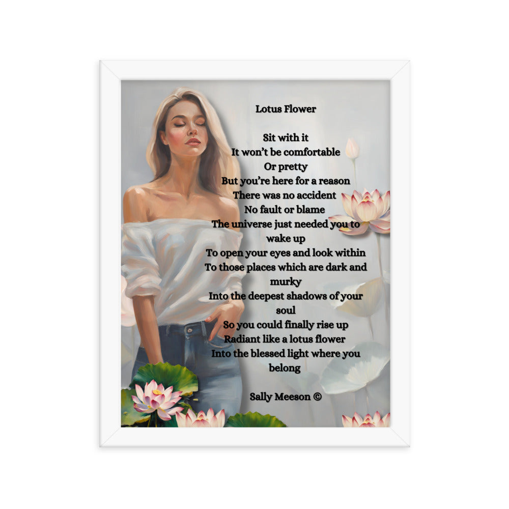 'Lotus Flower' framed photo paper poster with impressionist oil style artwork and original poem by writer Sally Meeson