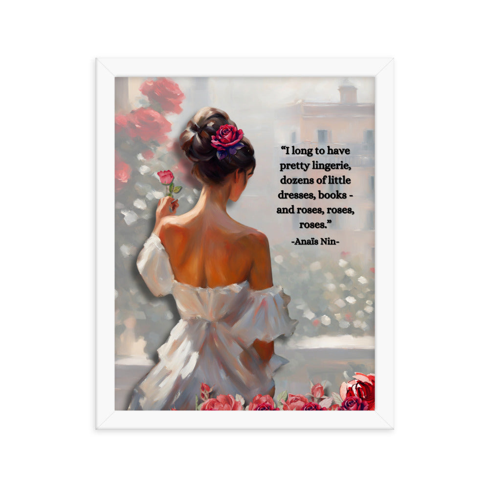 'Roses' framed photo paper poster with impressionist oil style artwork and quote from Anaïs Nin