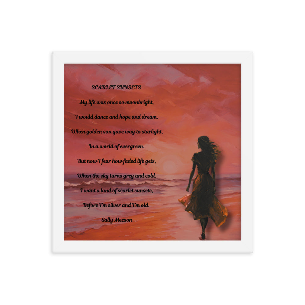 'Scarlet Sunsets' framed photo paper poster with impressionist oil style artwork and original poem by writer Sally Meeson