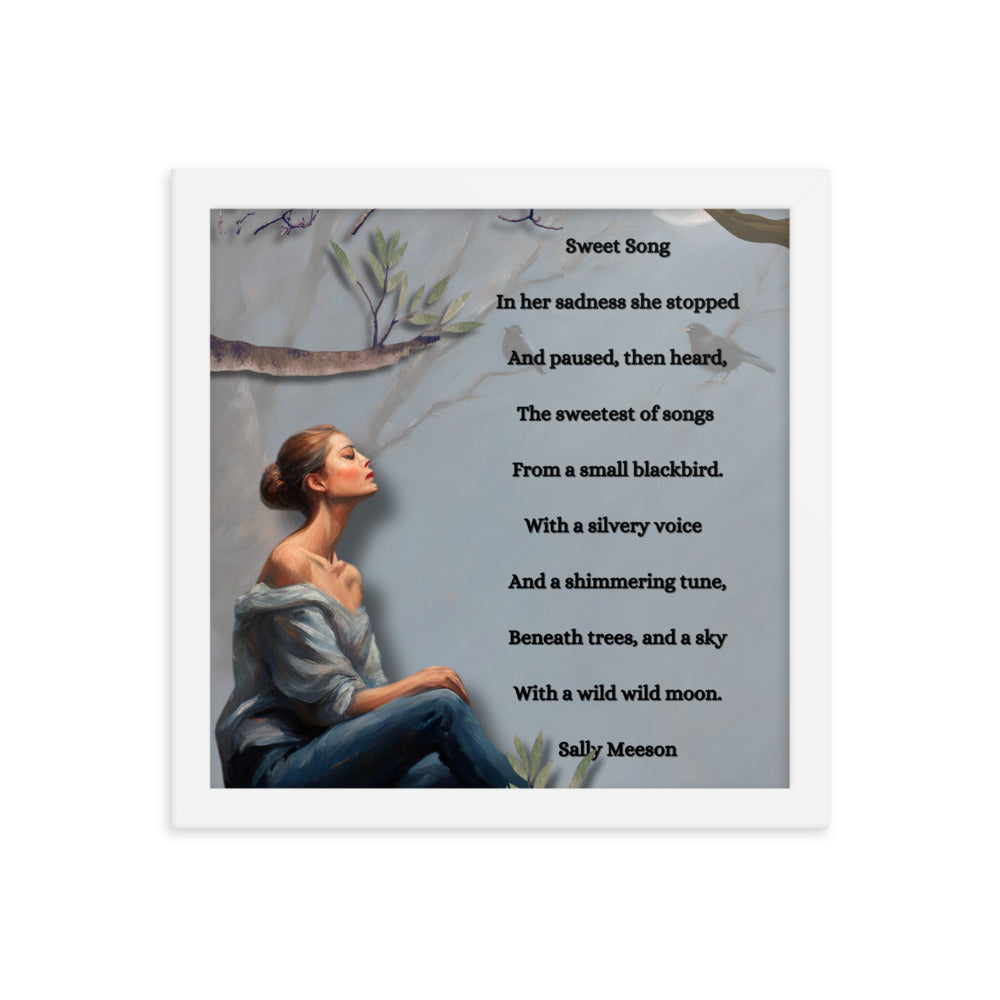 'Sweet Song' framed photo paper poster with impressionist style artwork and original poem by writer Sally Meeson