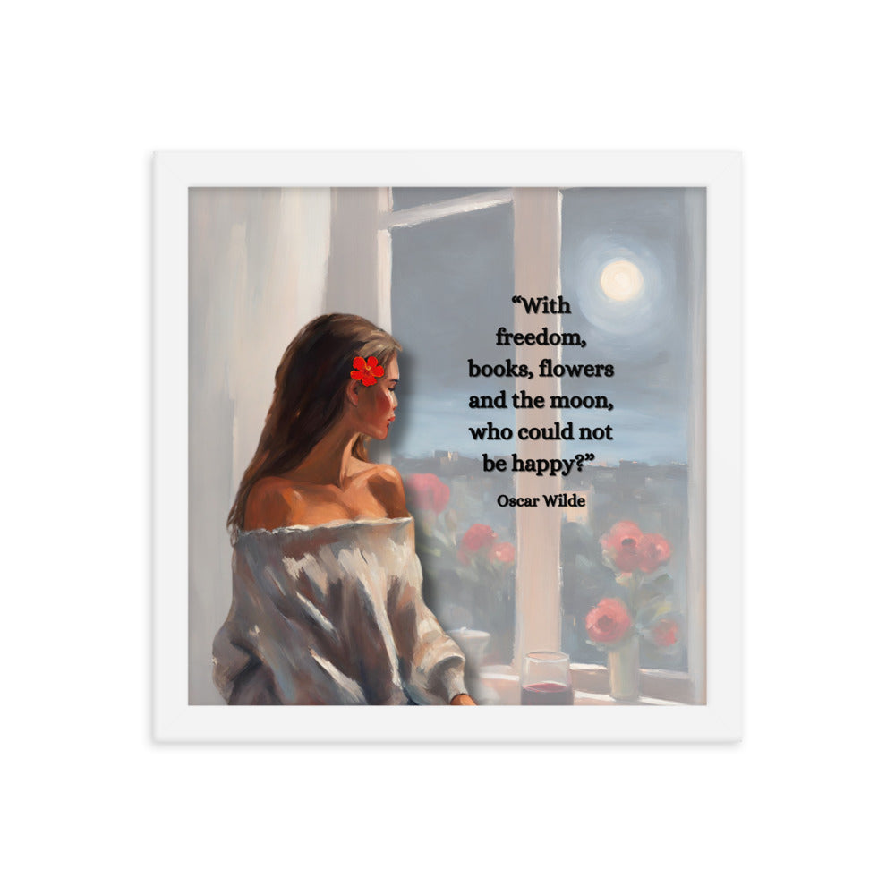 'Freedom, books, flowers and the moon' framed photo paper poster with impressionist oil style artwork and Oscar Wilde quote