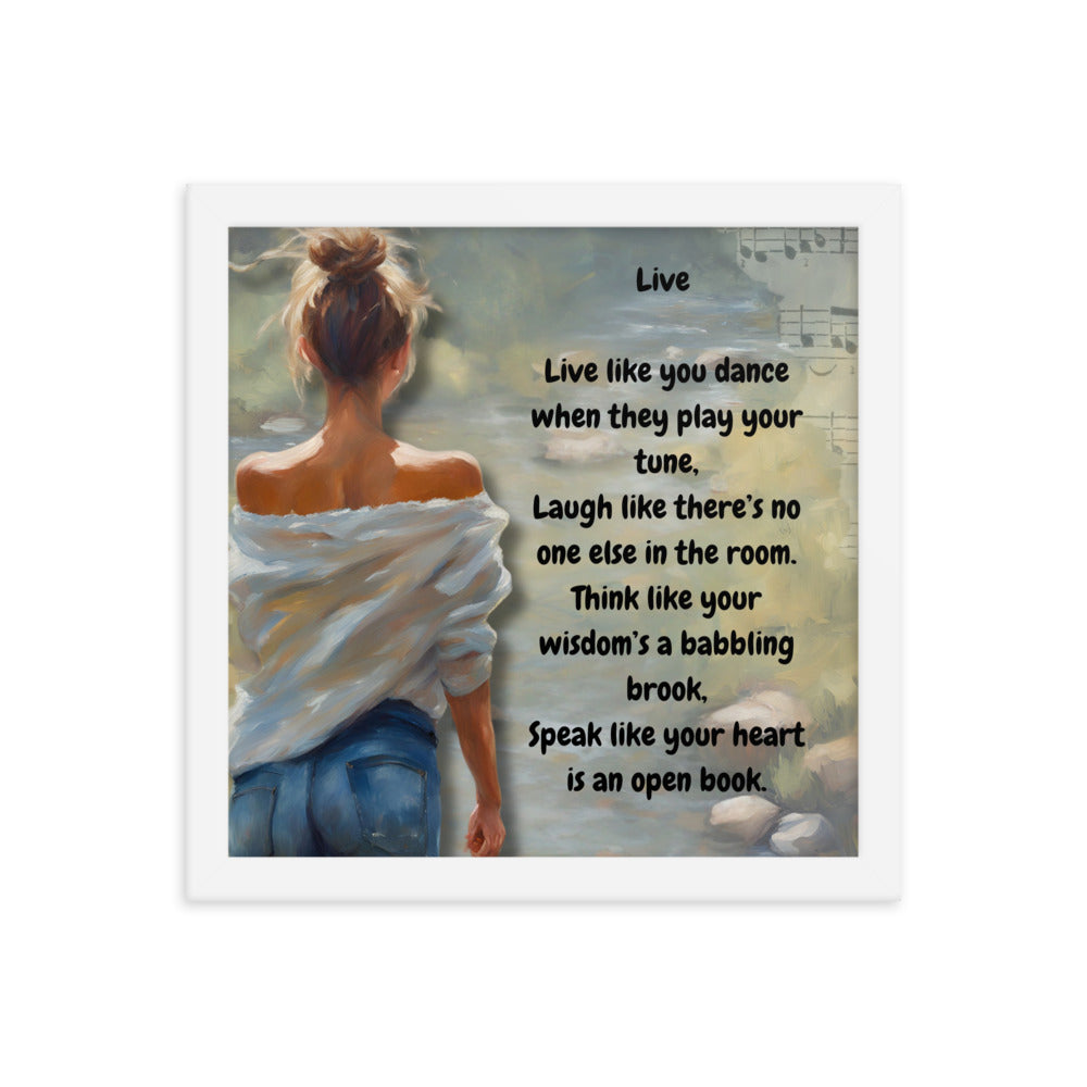 'Live' framed photo paper poster with impressionist oil style artwork and original poem by writer Sally Meeson