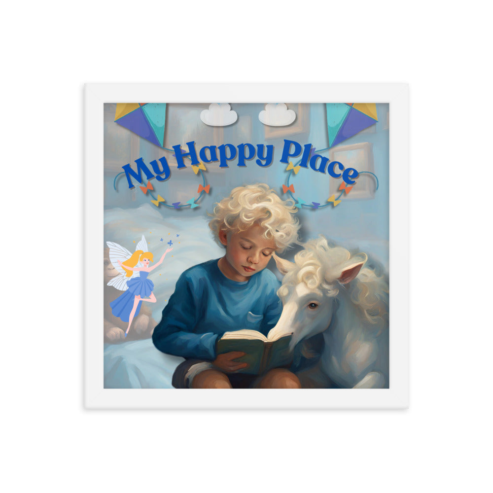 'My Happy Place' child's room blue framed photo paper poster with impressionist oil style artwork