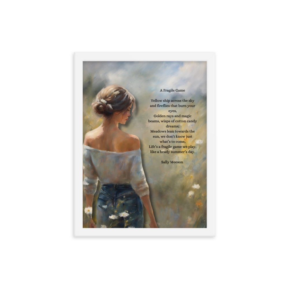 'A Fragile Game' framed photo paper poster with impressionist oil style artwork and original poem by writer Sally Meeson