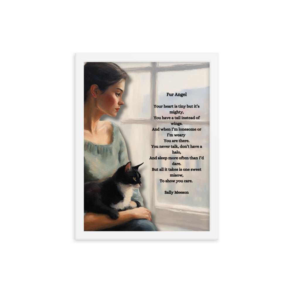 'Fur Angel' framed photo paper poster with impressionist oil style artwork and original poem by writer Sally Meeson