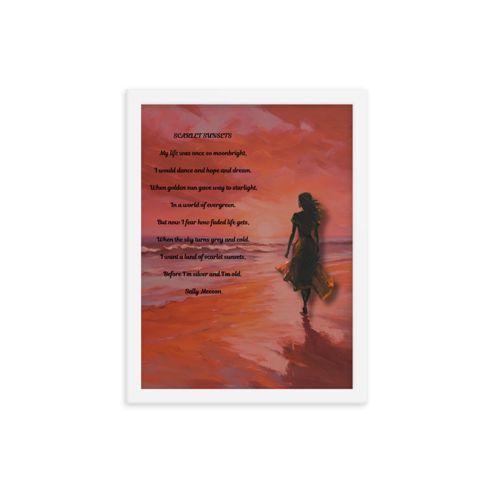 'Scarlet Sunsets' framed photo paper poster with impressionist oil style artwork and original poem by writer Sally Meeson