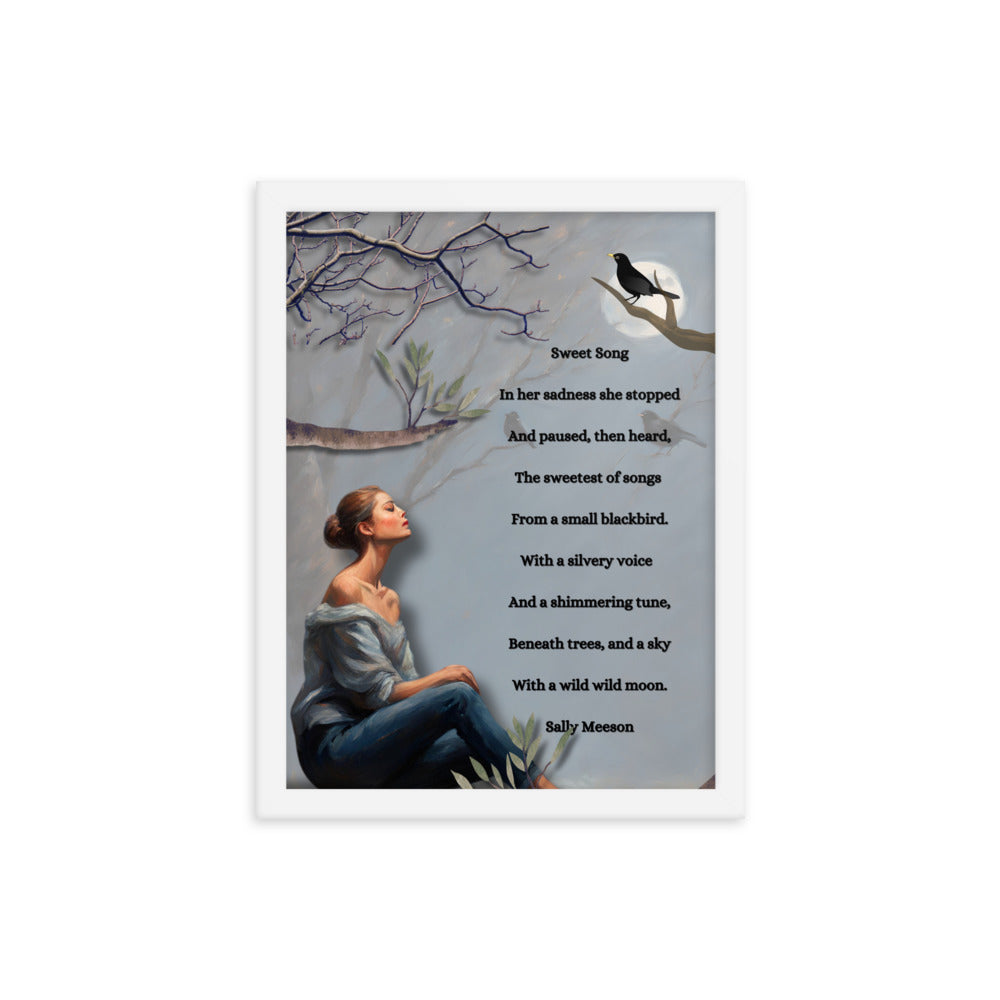 'Sweet Song' framed photo paper poster with impressionist style artwork and original poem by writer Sally Meeson