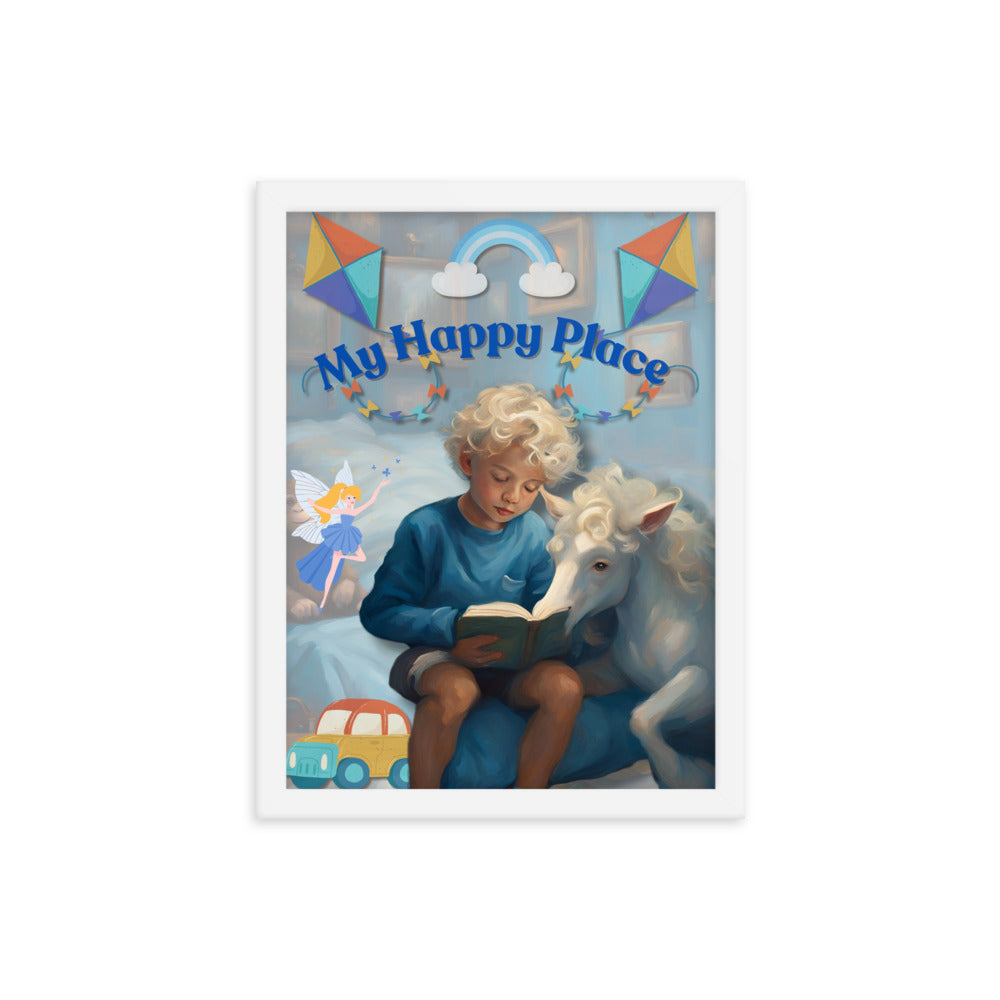 'My Happy Place' child's room blue framed photo paper poster with impressionist oil style artwork