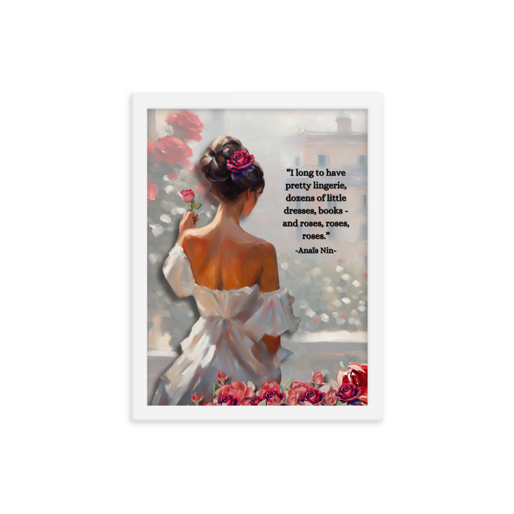 'Roses' framed photo paper poster with impressionist oil style artwork and quote from Anaïs Nin