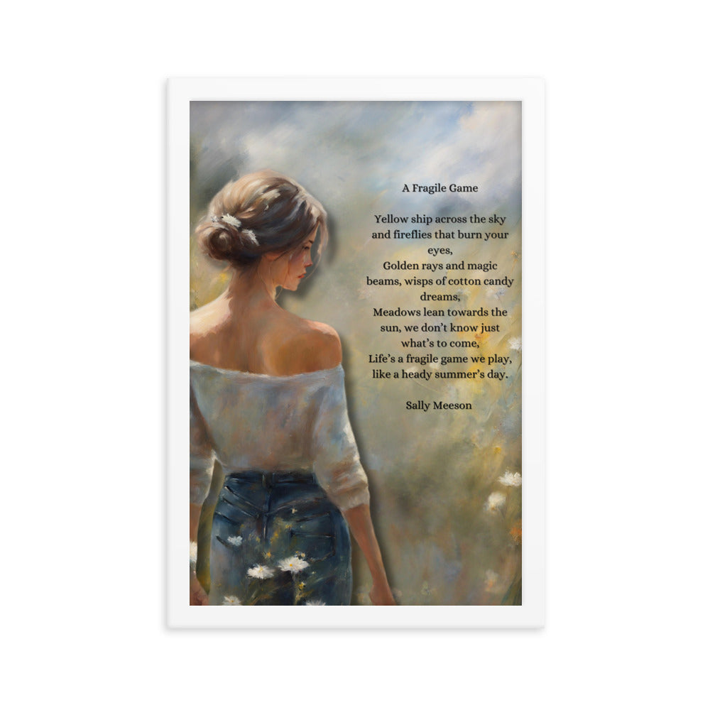 'A Fragile Game' framed photo paper poster with impressionist oil style artwork and original poem by writer Sally Meeson