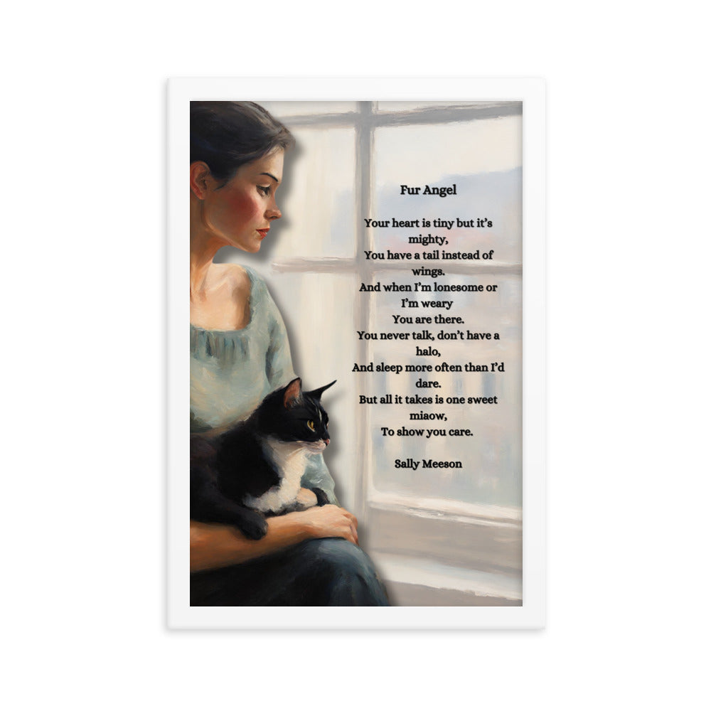 'Fur Angel' framed photo paper poster with impressionist oil style artwork and original poem by writer Sally Meeson