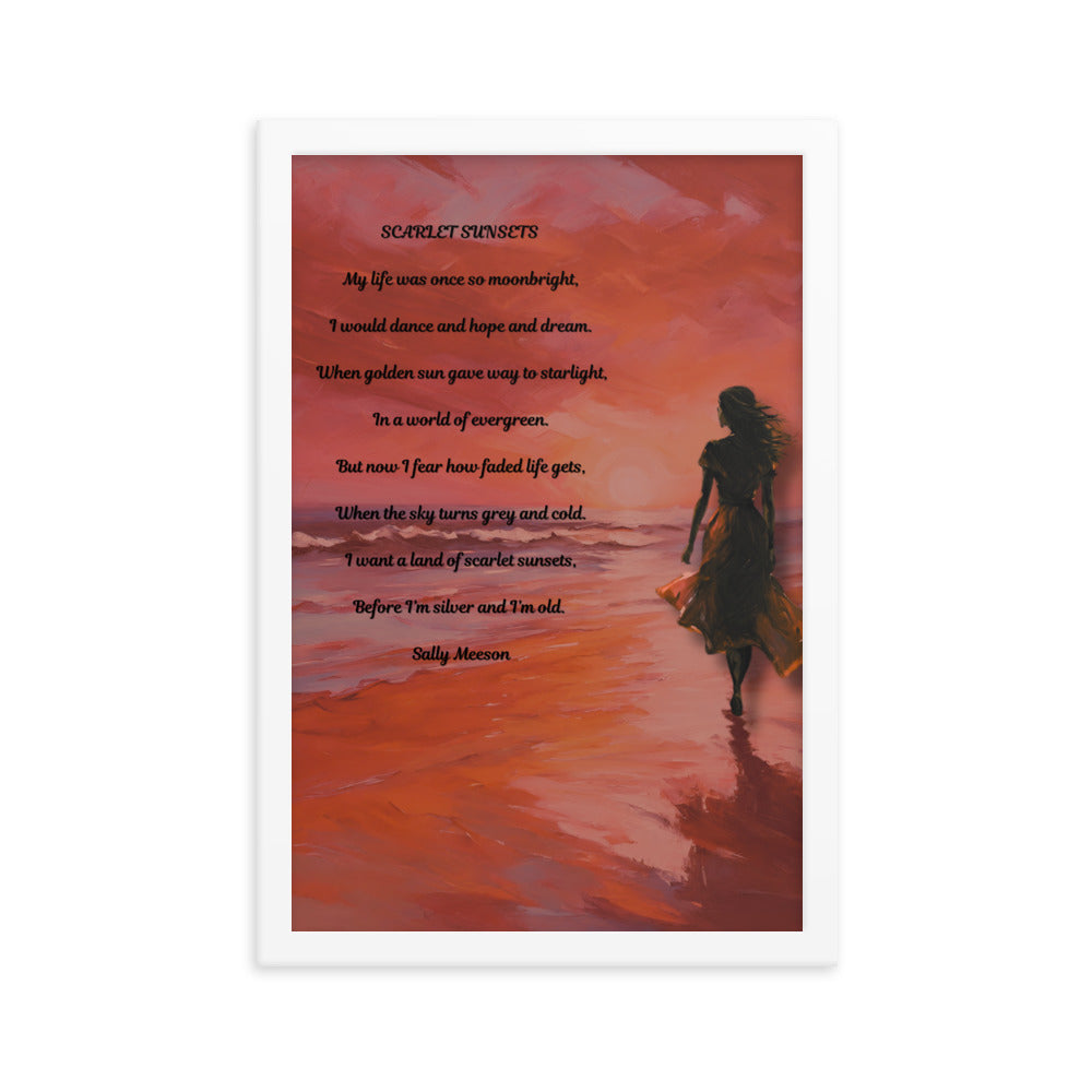 'Scarlet Sunsets' framed photo paper poster with impressionist oil style artwork and original poem by writer Sally Meeson