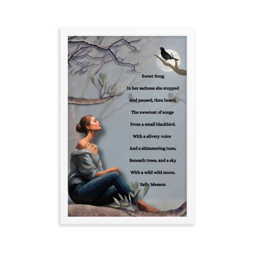 'Sweet Song' framed photo paper poster with impressionist style artwork and original poem by writer Sally Meeson