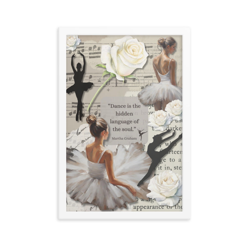 'Dance' framed photo paper poster with impressionist oil style artwork and quote by dancer Martha Graham