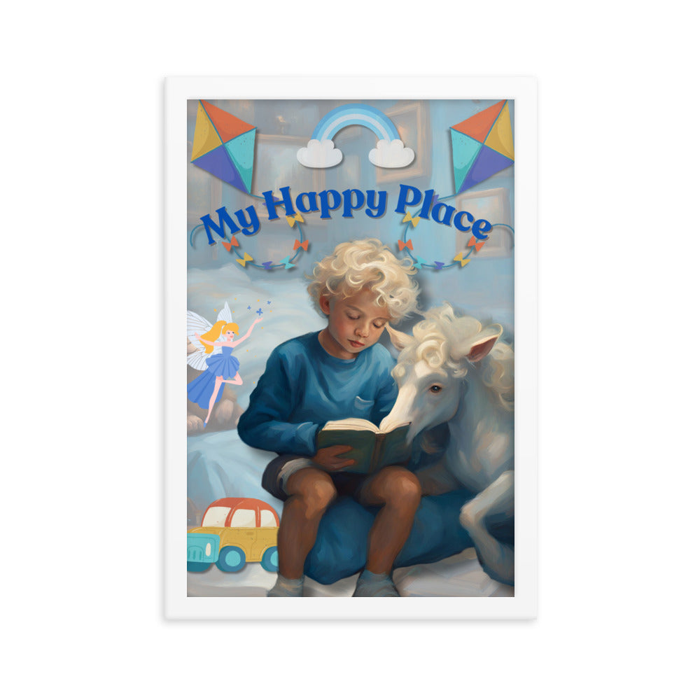 'My Happy Place' child's room blue framed photo paper poster with impressionist oil style artwork