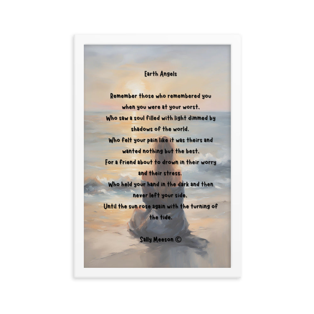 'Earth Angels' framed photo paper poster with impressionist style artwork and original poem by writer Sally Meeson