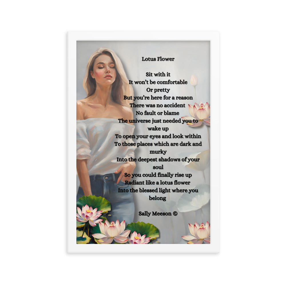 'Lotus Flower' framed photo paper poster with impressionist oil style artwork and original poem by writer Sally Meeson