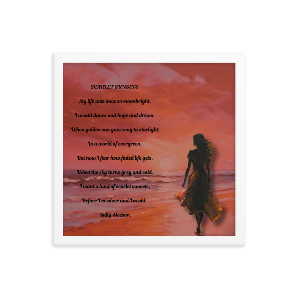 'Scarlet Sunsets' framed photo paper poster with impressionist oil style artwork and original poem by writer Sally Meeson