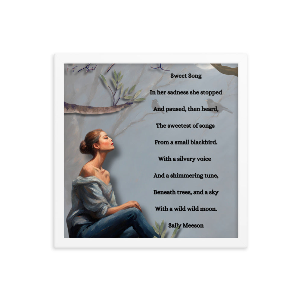 'Sweet Song' framed photo paper poster with impressionist style artwork and original poem by writer Sally Meeson