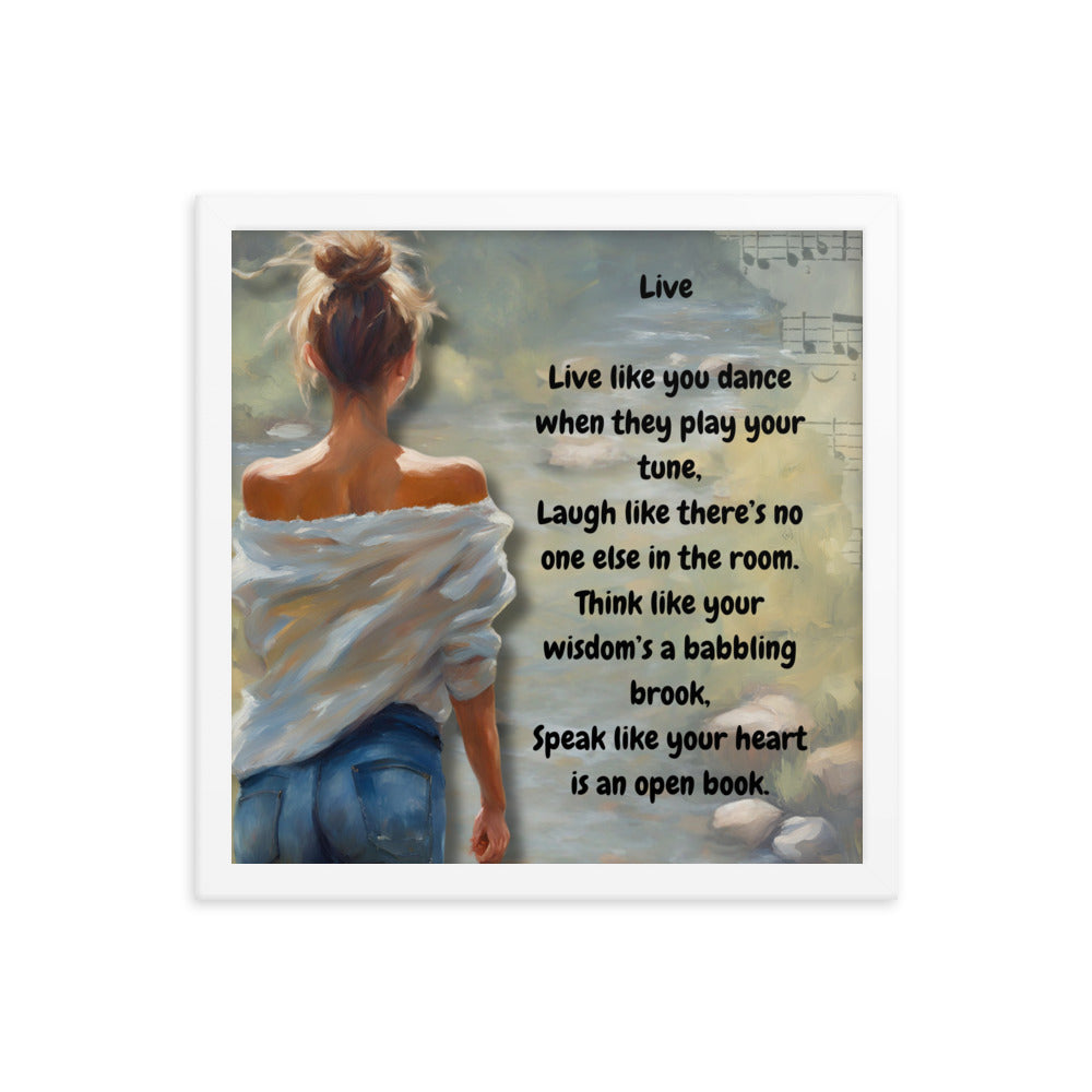 'Live' framed photo paper poster with impressionist oil style artwork and original poem by writer Sally Meeson