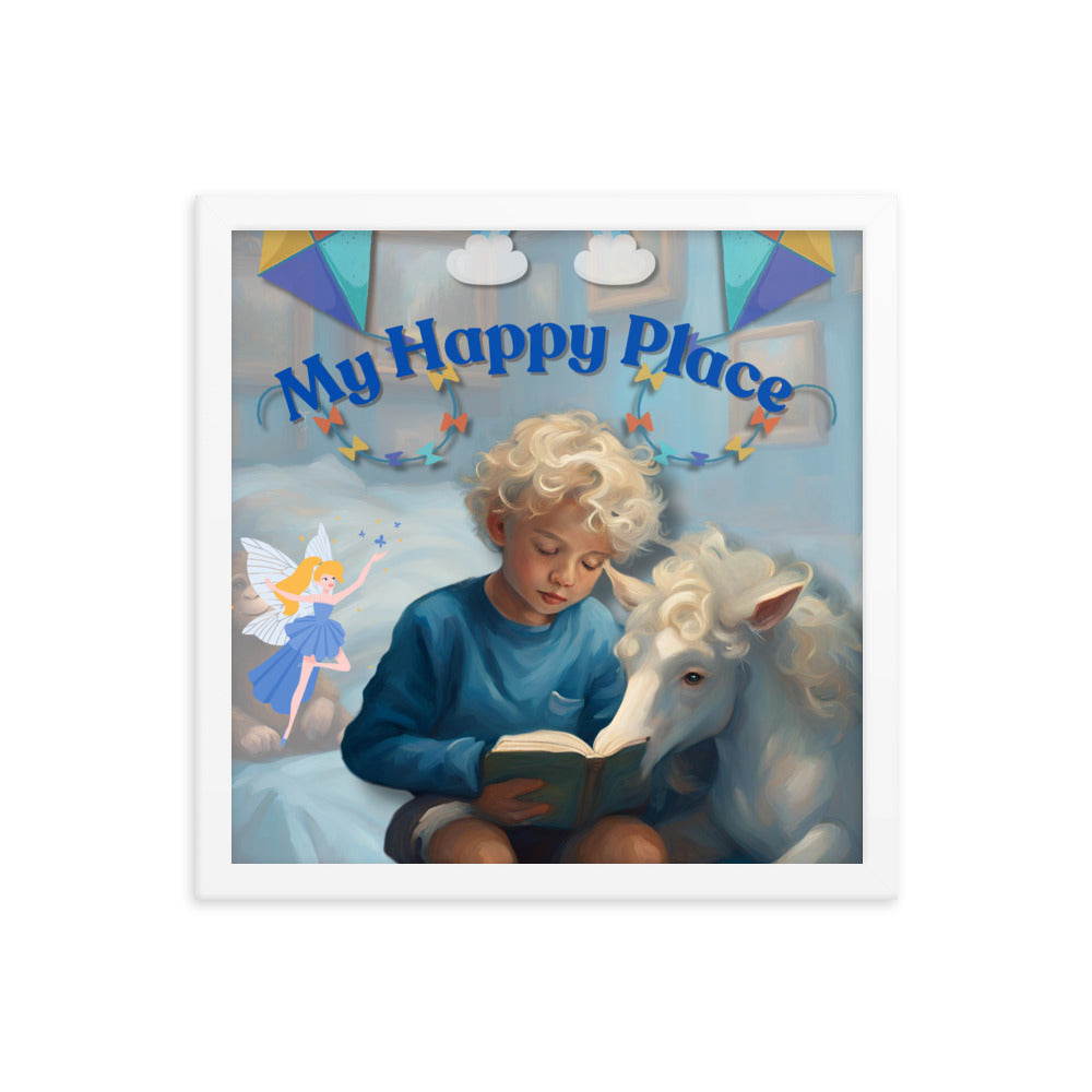 'My Happy Place' child's room blue framed photo paper poster with impressionist oil style artwork