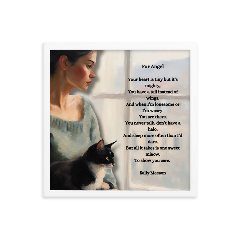 'Fur Angel' framed photo paper poster with impressionist oil style artwork and original poem by writer Sally Meeson