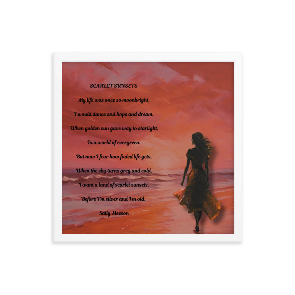 'Scarlet Sunsets' framed photo paper poster with impressionist oil style artwork and original poem by writer Sally Meeson