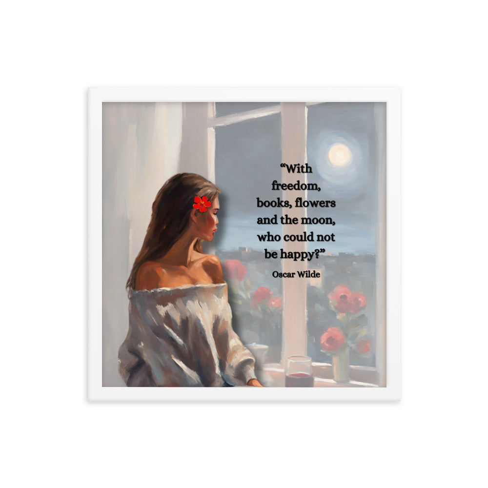 'Freedom, books, flowers and the moon' framed photo paper poster with impressionist oil style artwork and Oscar Wilde quote