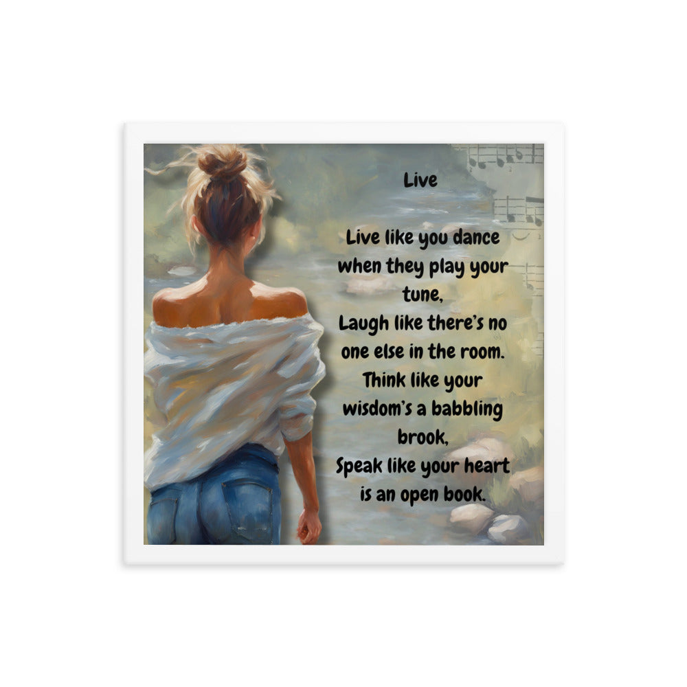 'Live' framed photo paper poster with impressionist oil style artwork and original poem by writer Sally Meeson