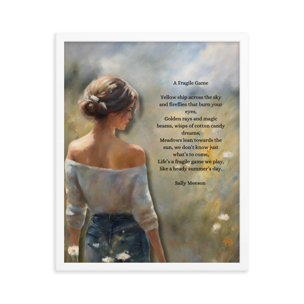 'A Fragile Game' framed photo paper poster with impressionist oil style artwork and original poem by writer Sally Meeson