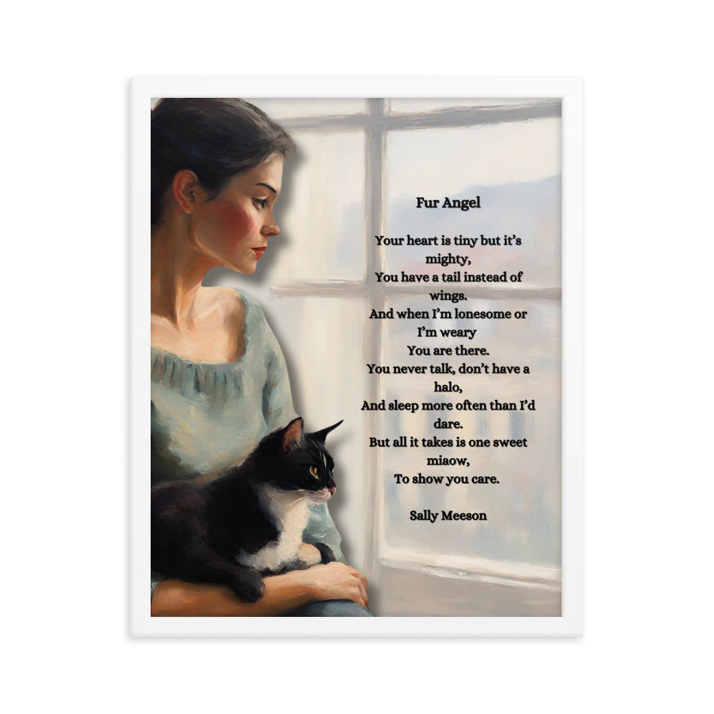 'Fur Angel' framed photo paper poster with impressionist oil style artwork and original poem by writer Sally Meeson