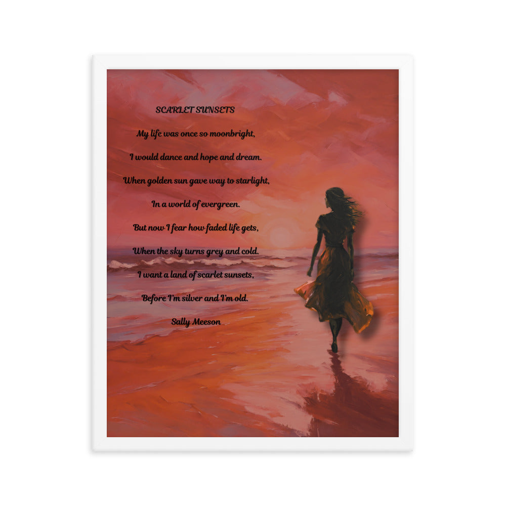 'Scarlet Sunsets' framed photo paper poster with impressionist oil style artwork and original poem by writer Sally Meeson