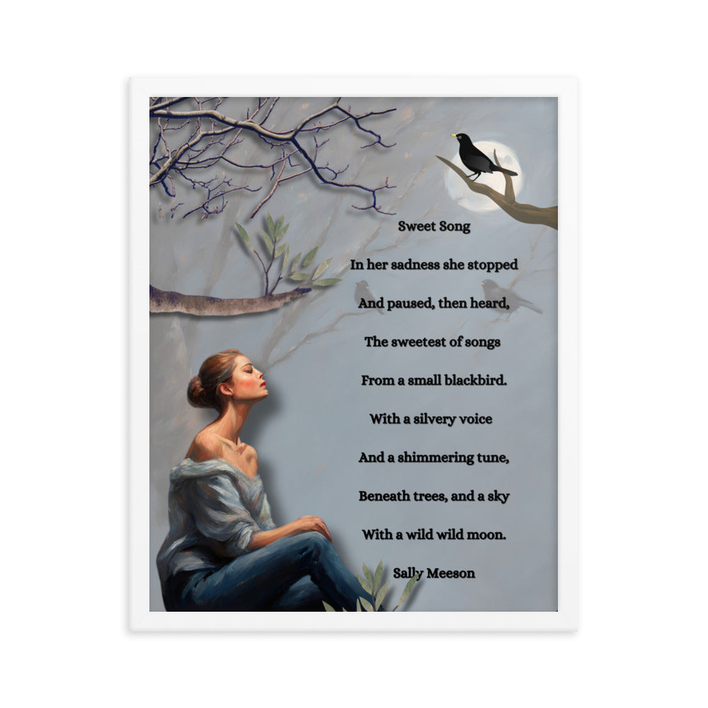 'Sweet Song' framed photo paper poster with impressionist style artwork and original poem by writer Sally Meeson