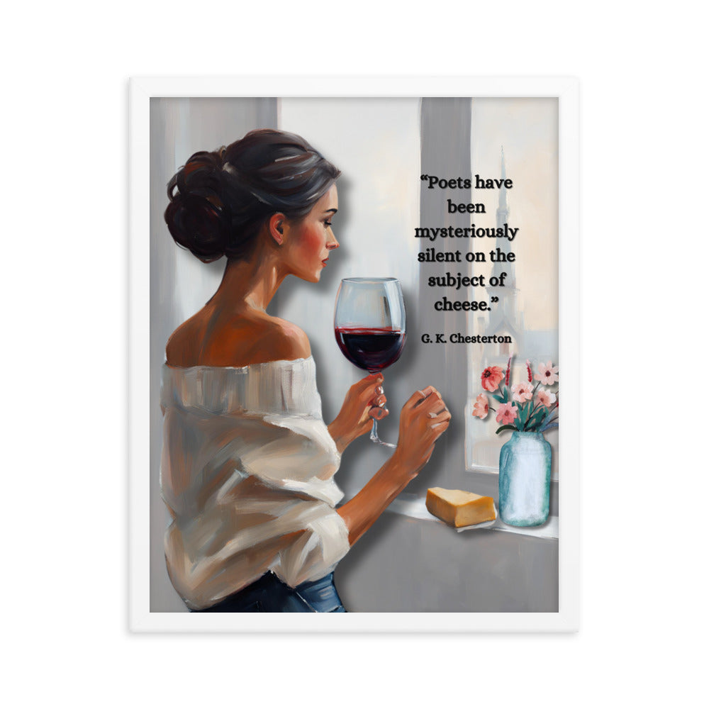 'Cheese' framed photo paper poster with impressionist oil style artwork and quote by G.K. Chesterton