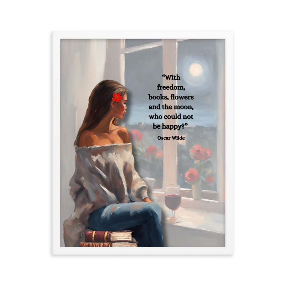 'Freedom, books, flowers and the moon' framed photo paper poster with impressionist oil style artwork and Oscar Wilde quote