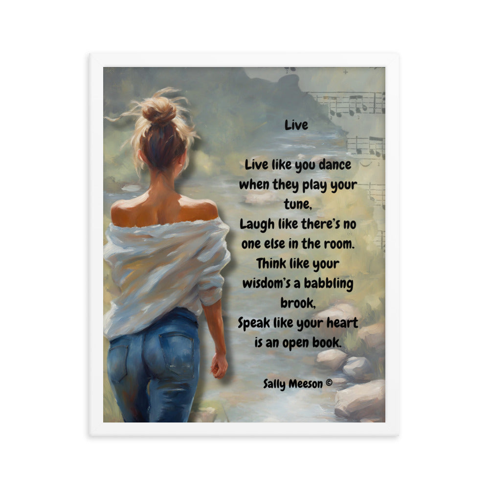 'Live' framed photo paper poster with impressionist oil style artwork and original poem by writer Sally Meeson