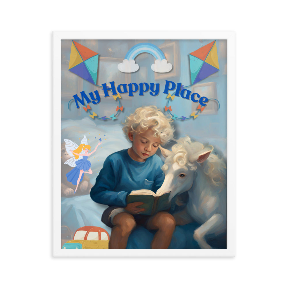 'My Happy Place' child's room blue framed photo paper poster with impressionist oil style artwork