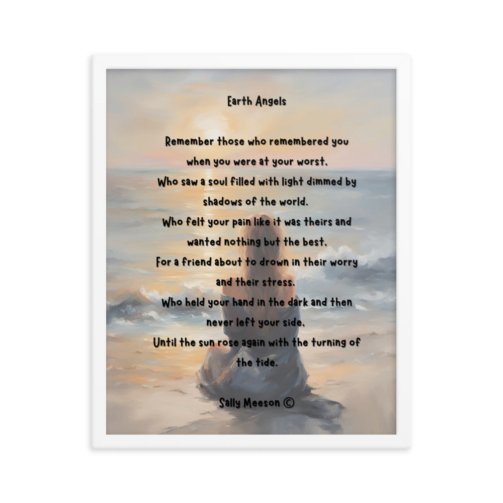 'Earth Angels' framed photo paper poster with impressionist style artwork and original poem by writer Sally Meeson